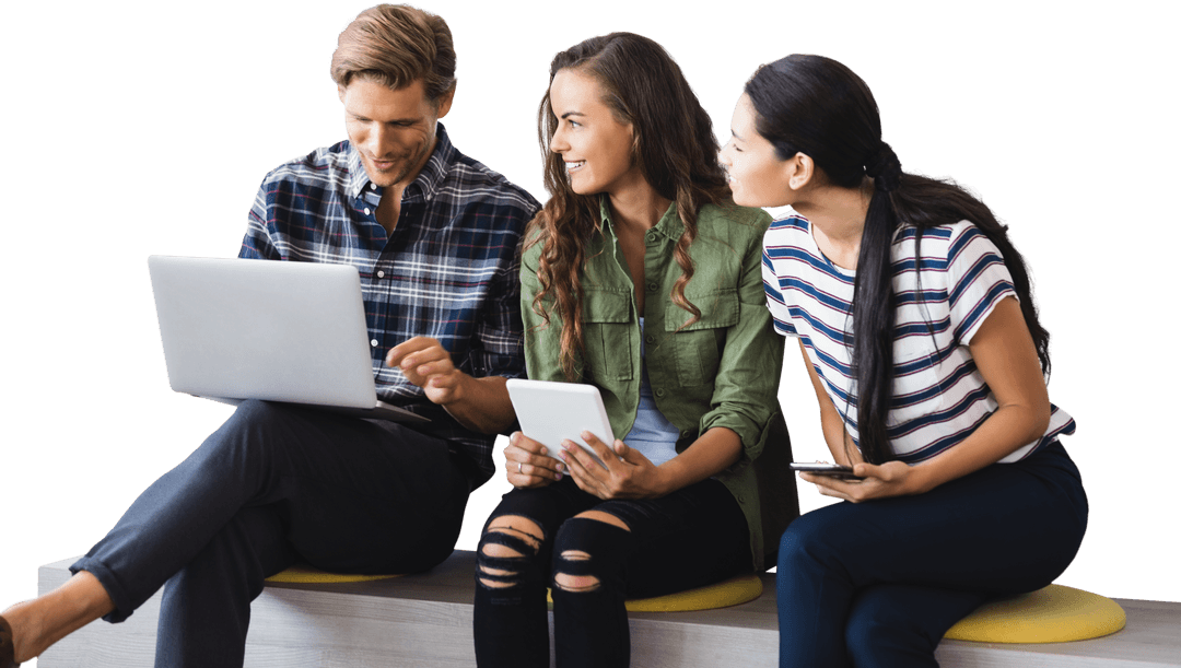 Young Professionals Collaborating with Laptops on Transparent Background