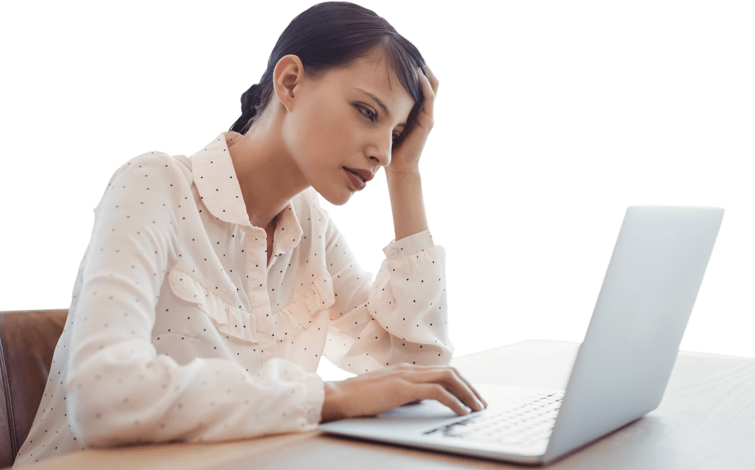 Transparent Tired Businesswoman Working on Laptop at Desk