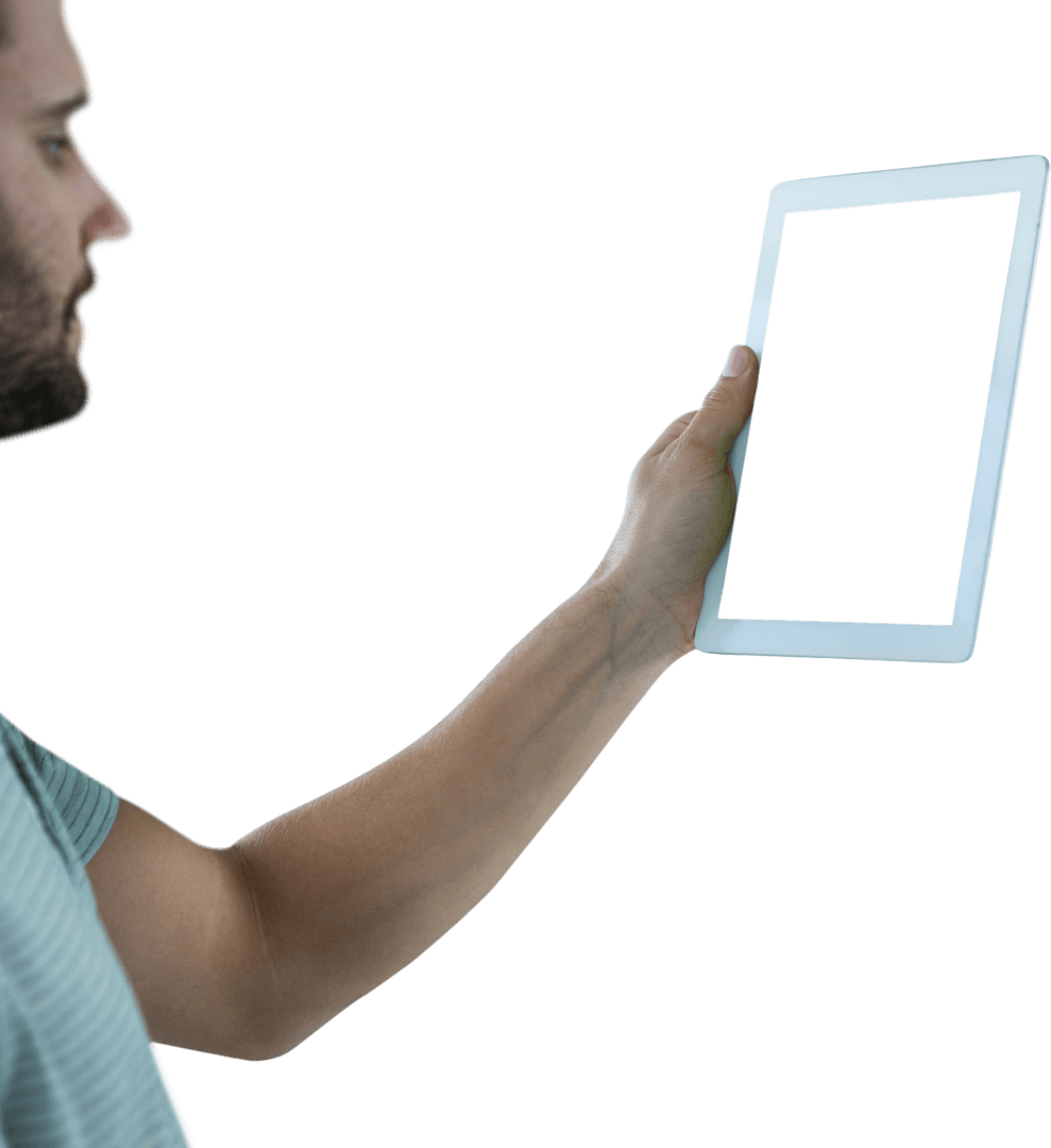 Man Holding Transparent Tablet with Blank Screen on White Background