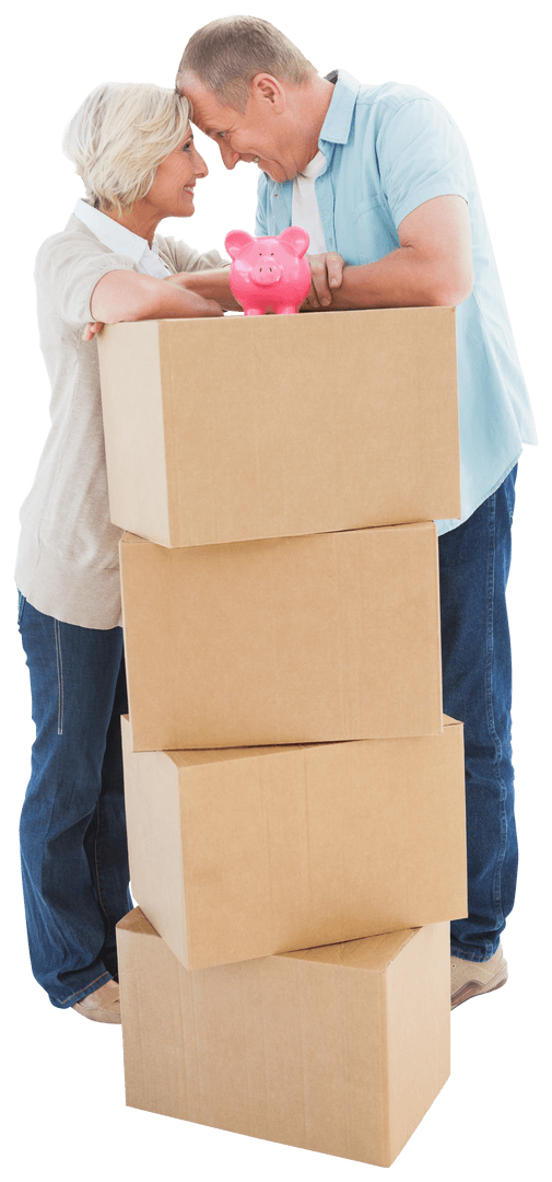 Smiling Elderly Couple with Stack of Transparent Moving Boxes and Piggy Bank