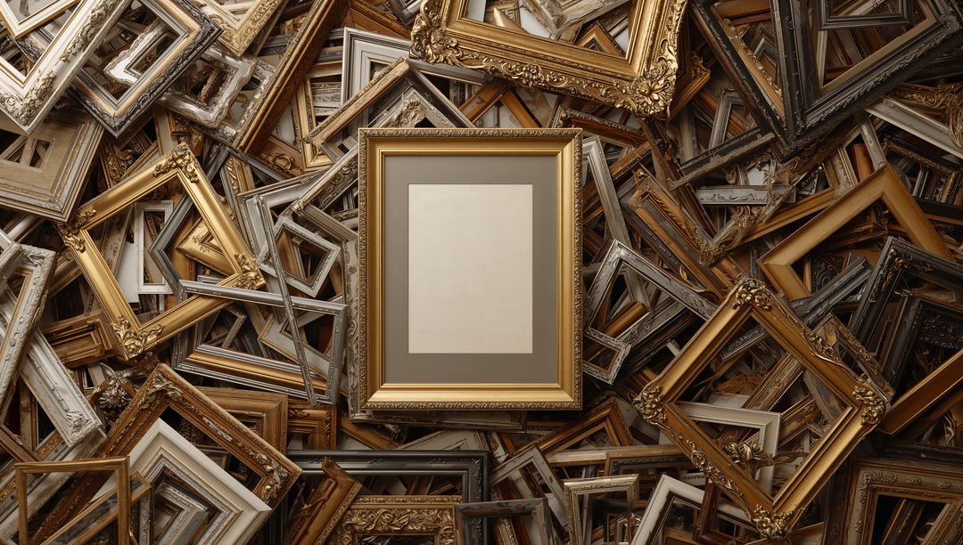 Empty Ornate Gold Frame with Grey Mat Surrounded by Antique Gilded Frames and Moldings