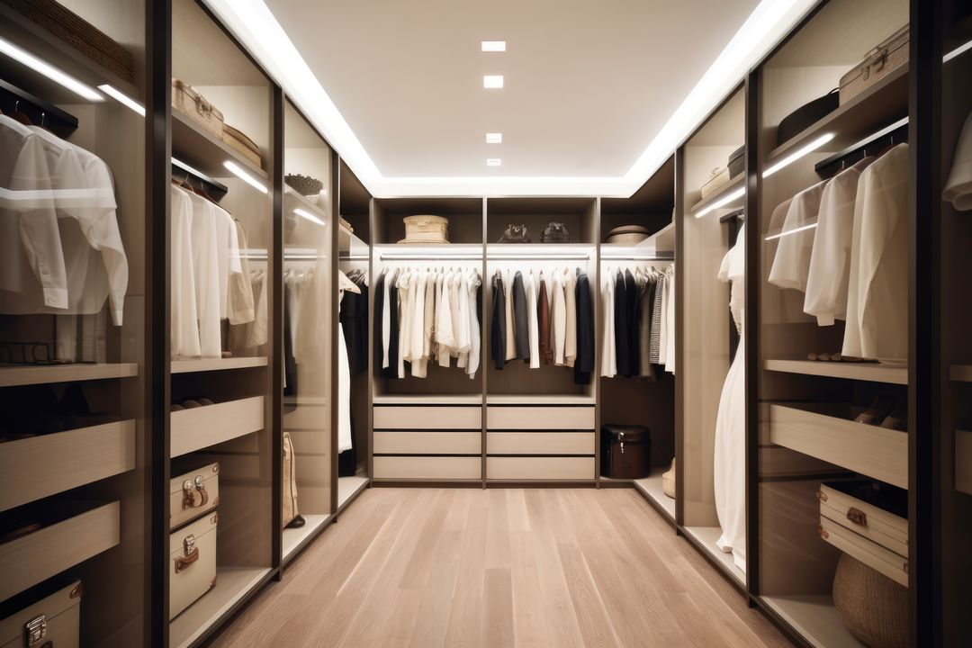 Modern Walk-In Closet with Minimalist Design and LED Lighting - Free Images, Stock Photos and Pictures on Pikwizard.com