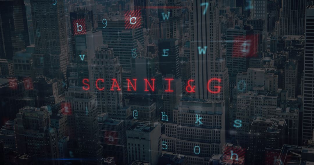 Cyber Crime Concept with Data Stream Over Cityscape