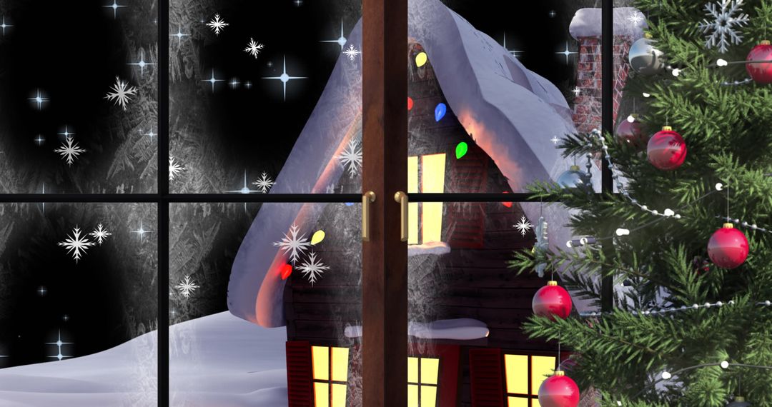 Cozy Holiday Scene with Snowy Cabin and Festive Christmas Tree