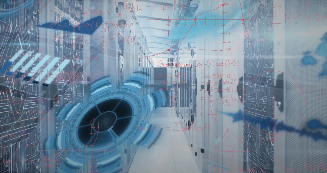 Futuristic Data Center Corridor with Digital Overlay Effects