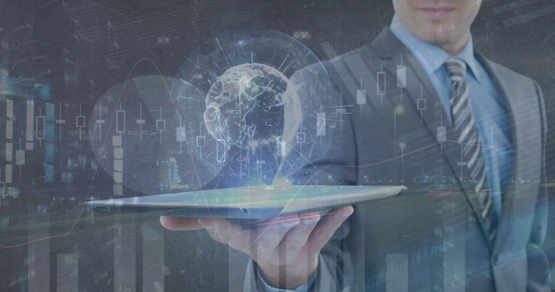 Businessman Holding Holographic Globe Above Tablet, Analyzing Global Financial Data