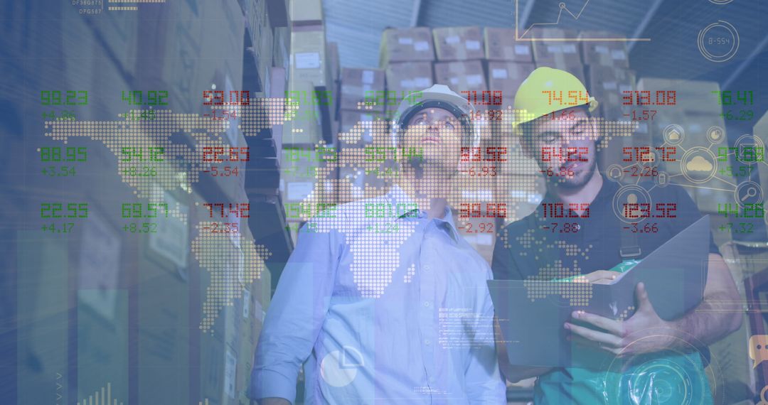 Caucasian Warehouse Workers Analyzing Data on Digital Interface