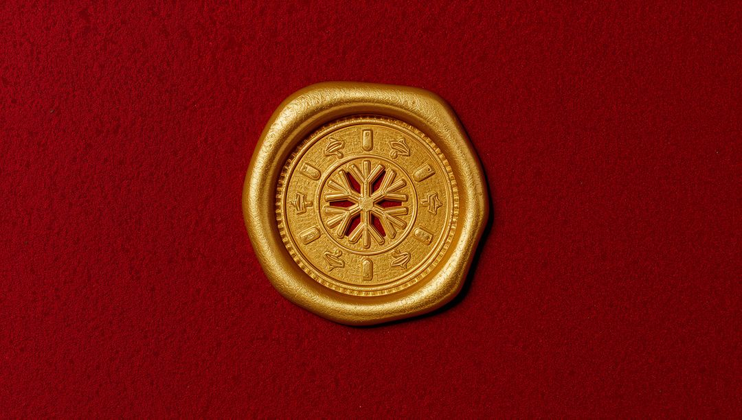 Antique Style Gold Seal Medallion Resting on Deep Crimson Velvet with Rosette Cutout Detail