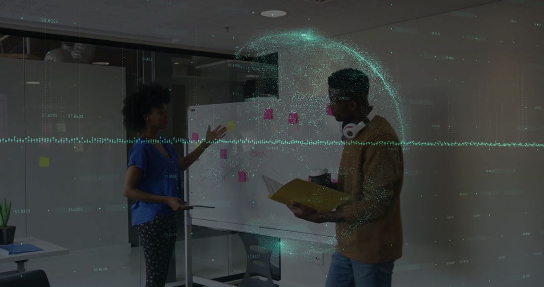 Creative Team Discussing Ideas with Digital Overlay in Modern Office