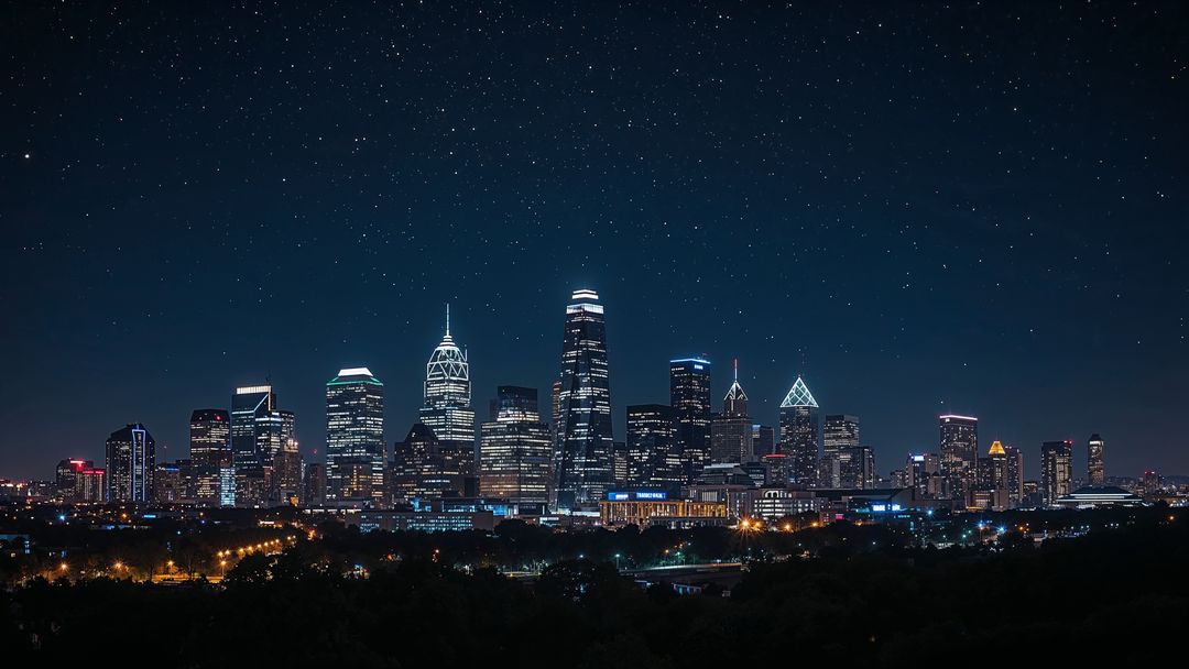 Charlotte city nightscape with illuminated skyscrapers under starry sky