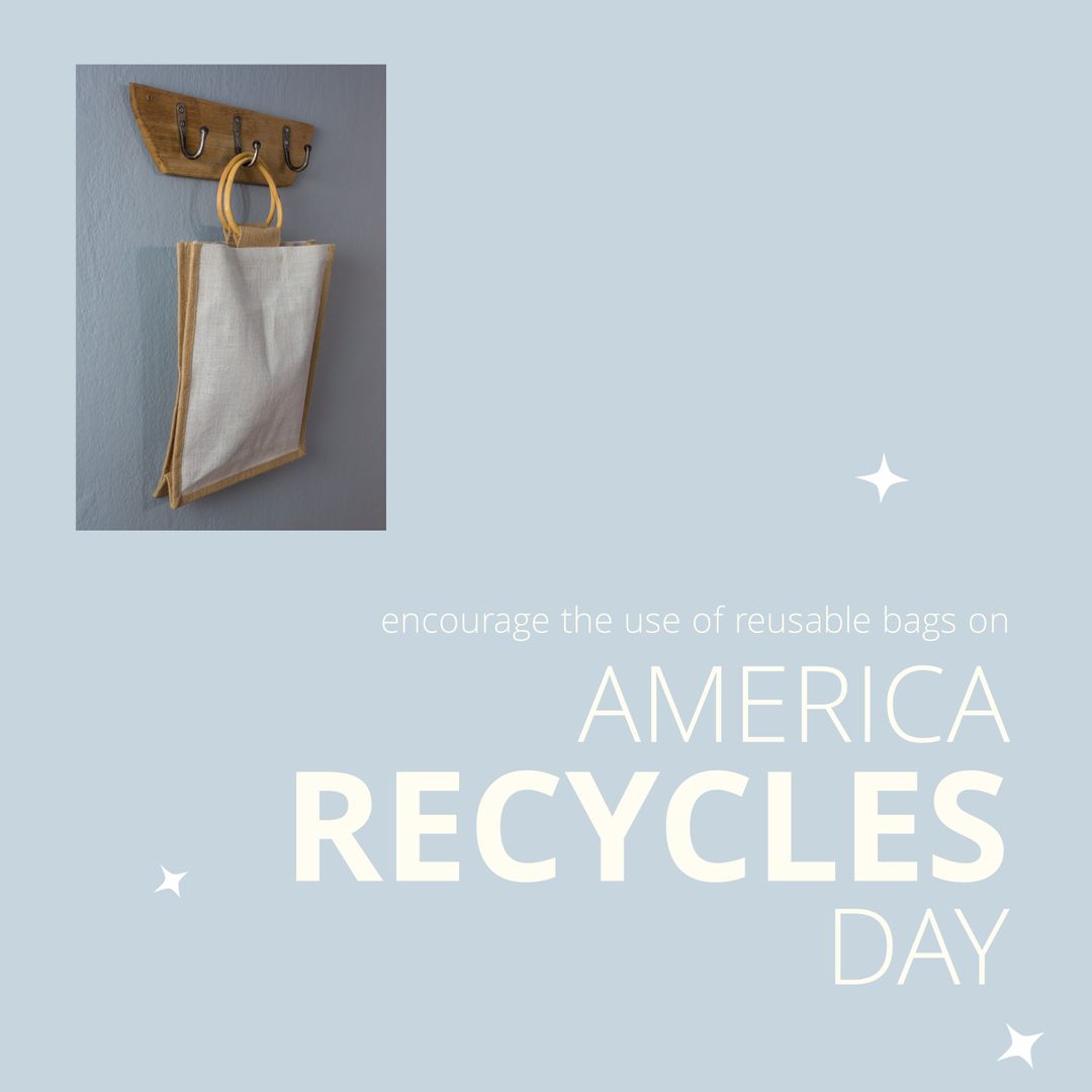 America Recycles Day Promotion with Reusable Tote Bag on Blue Background