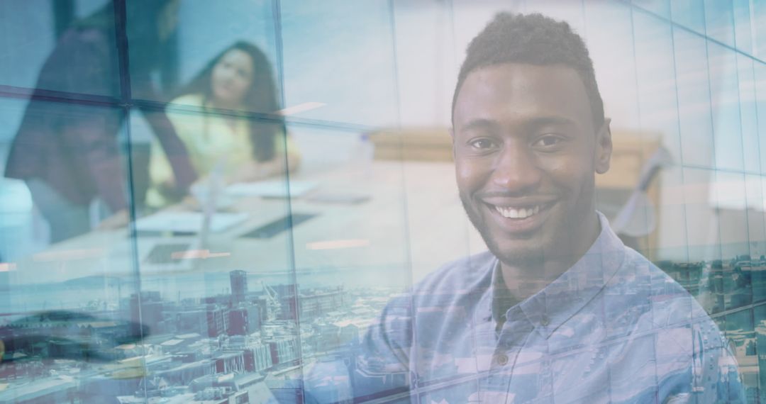 Smiling Professional in Office with Cityscape Reflection