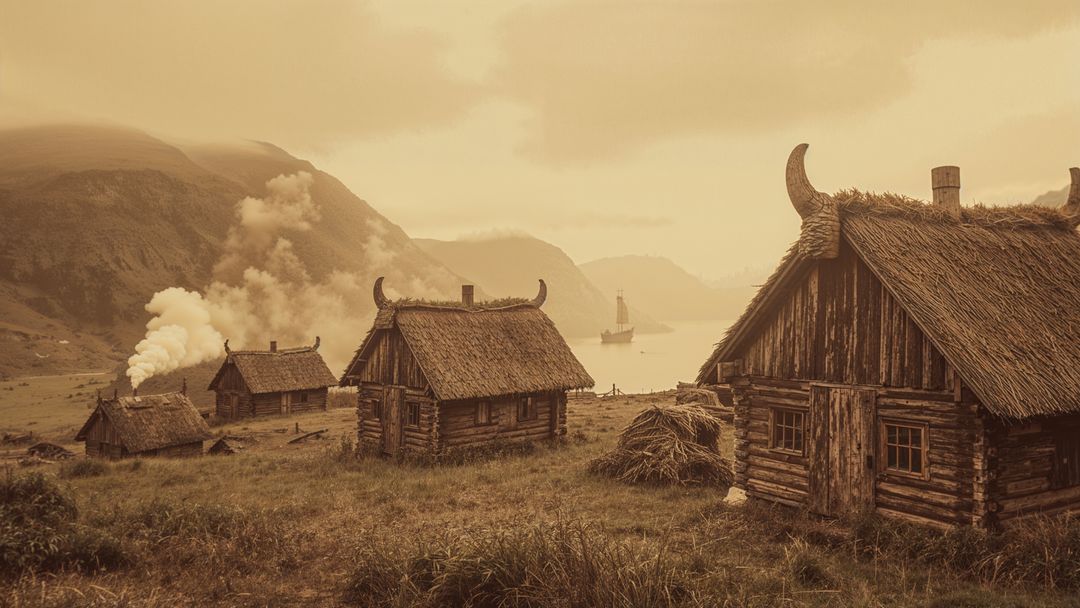 Rustic thatched viking cabins overlooking serene fjord