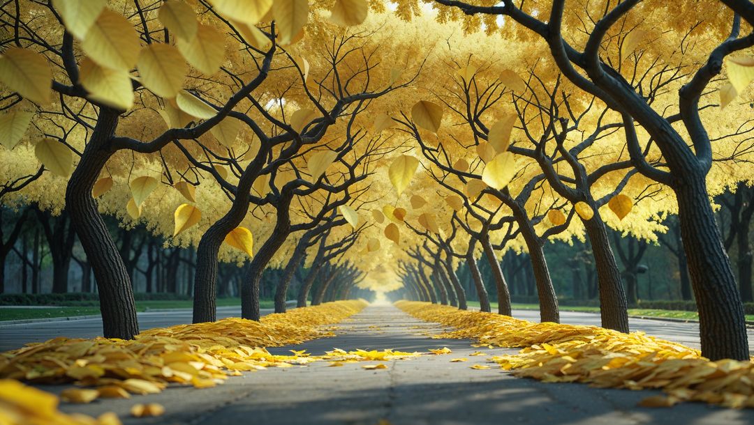 Golden Trees Arching Over Leaf-Covered Walkway