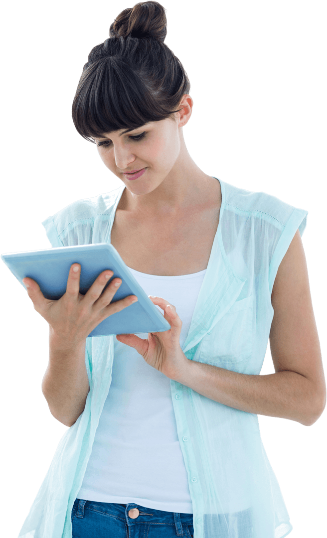 Digital Technology Caucasian Woman with Tablet on Transparent Background