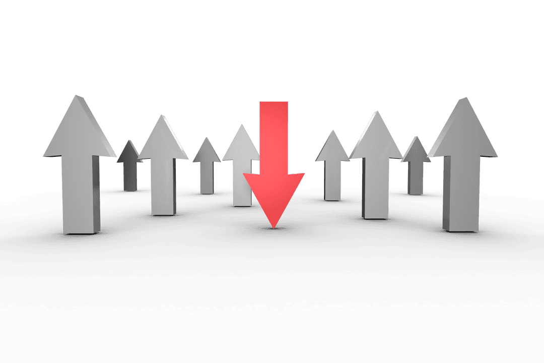 Red Arrow Pointing Down Amidst Gray Arrows on Transparent Background
