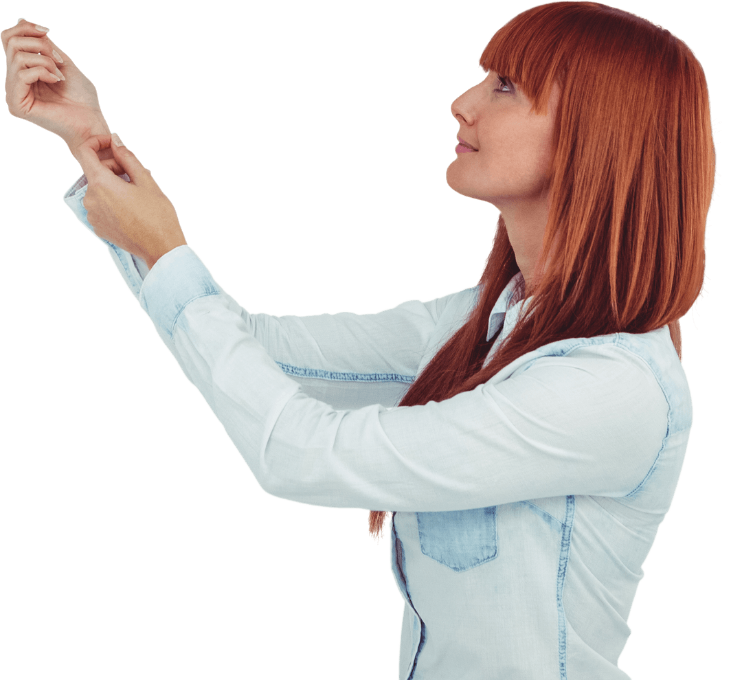 Smiling Redhead Woman with Transparent Background Looking Up
