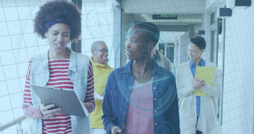Tech-Savvy Multiracial Team Engaging in Modern Office Corridor