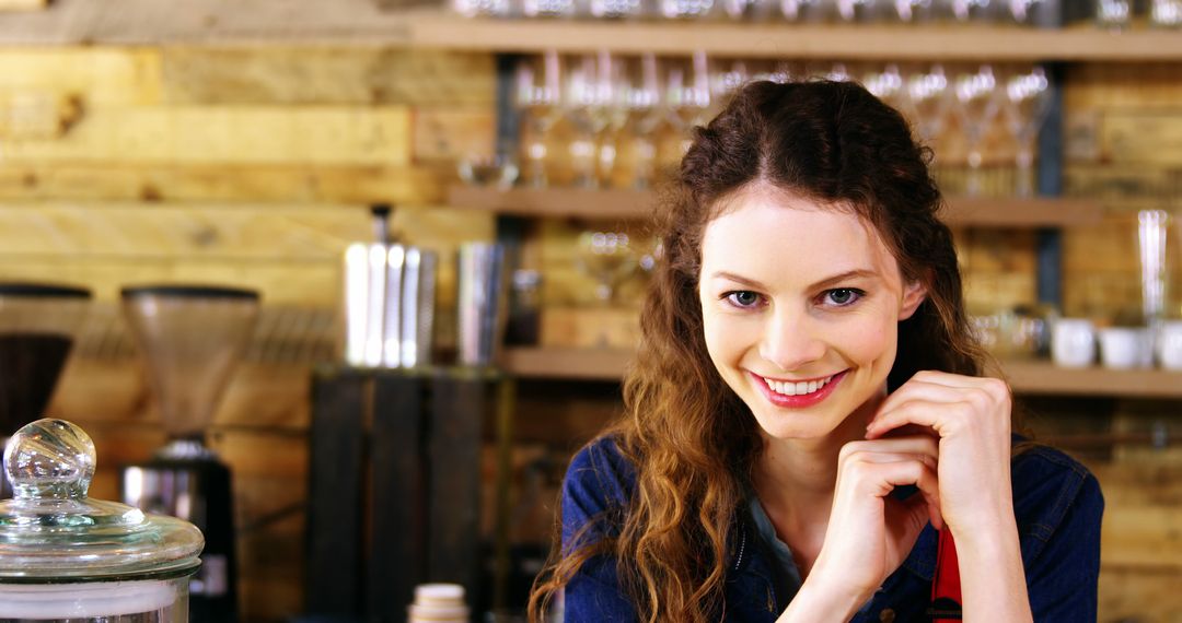 Smiling Woman in Coffee Shop with Rustic Interior - Free Images, Stock Photos and Pictures on Pikwizard.com