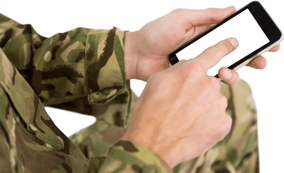 Transparent Close-up of Soldier Using Smartphone for Communication