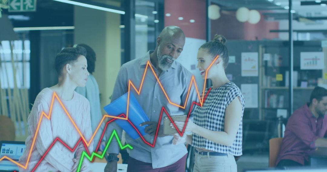 Diverse Team Analyzing Data with Digital Diagrams Overlay