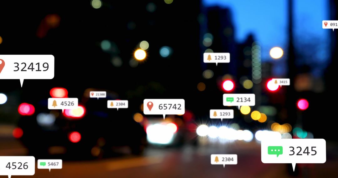Social Media Notifications Overlay on Urban Evening Scene