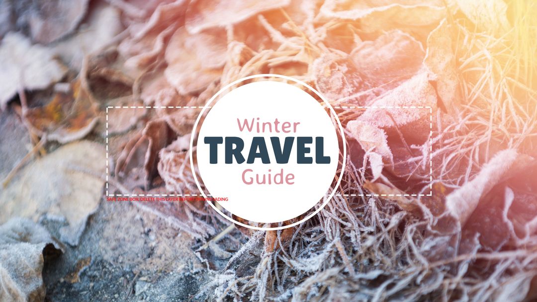 Winter Travel Guide with Frosty Leaves Background