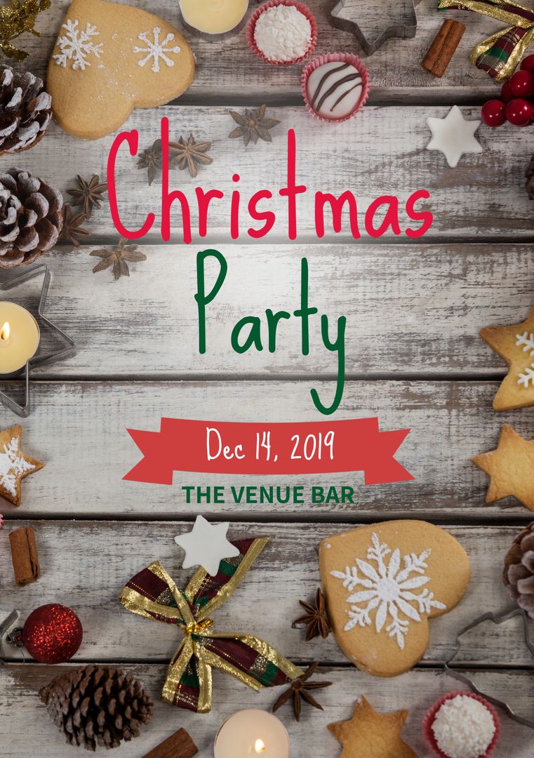 Christmas Party Invitation with Holiday Decorations and Cookies