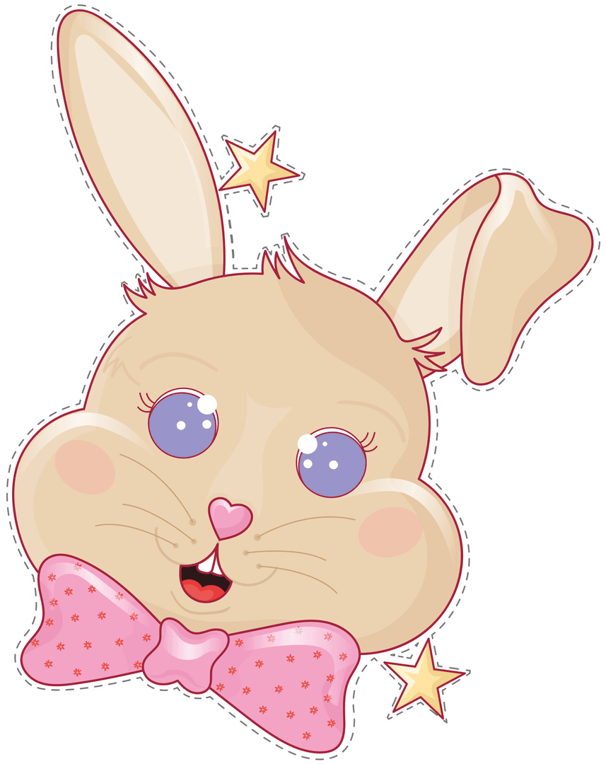 Cute Cartoon Rabbit Face with Star Accents on Transparent Background