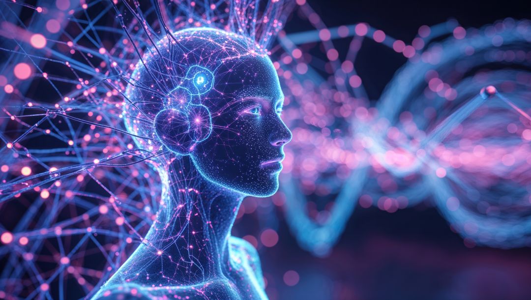 Futuristic Digital Human Bust in Cyberspace with Network Connections