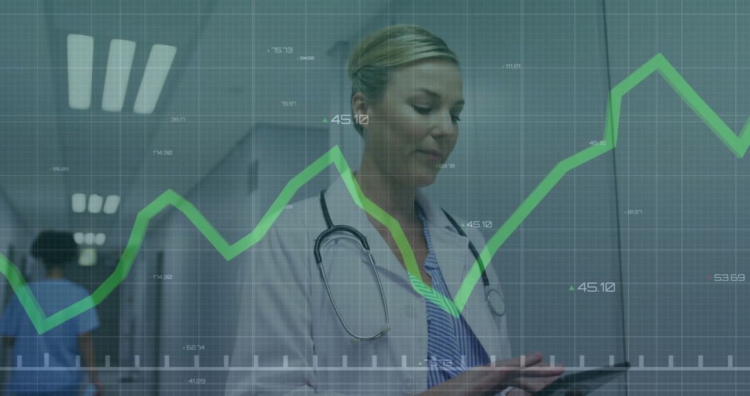 Female Doctor Analyzing Data on Tablet with Graphic Overlay in Hospital