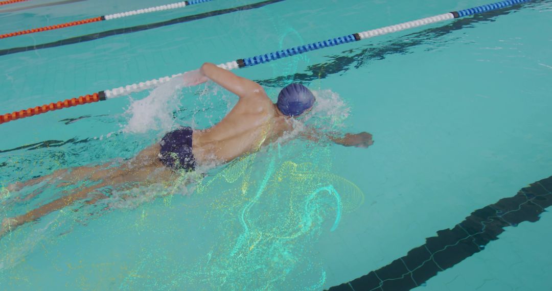 Freestyle swimmer powering through lane water with dynamic arm pull and splash