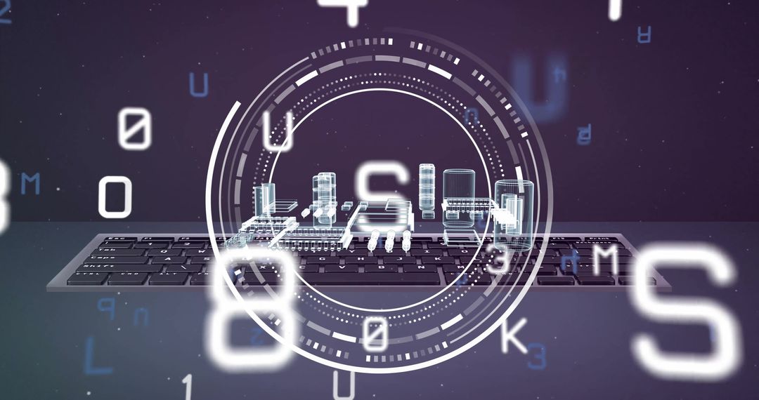 Futuristic Data Processing Overlay on Laptop Keyboard