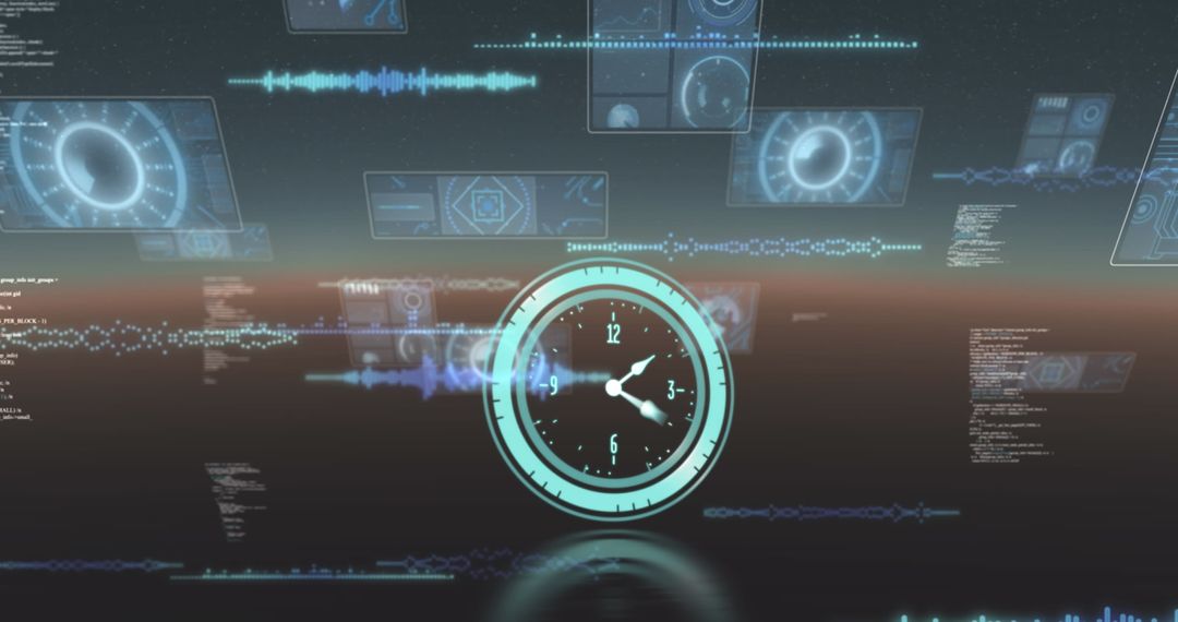 Futuristic Digital Clock with Holographic Data Effects