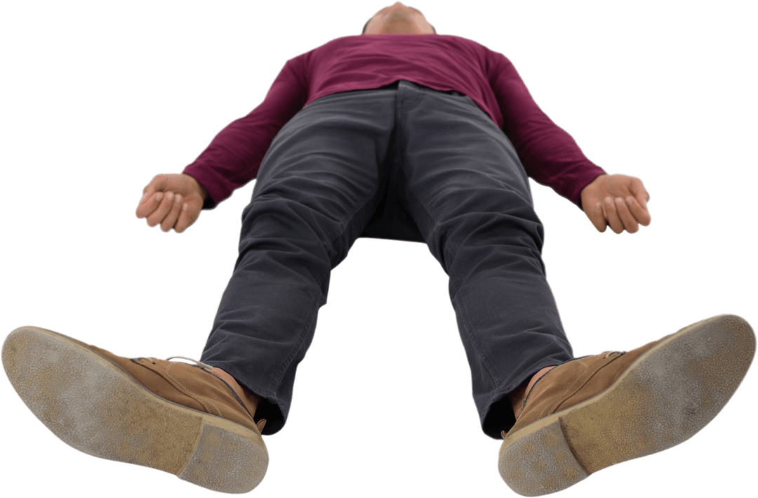 Man Lying Down Viewed from Feet on Transparent Background