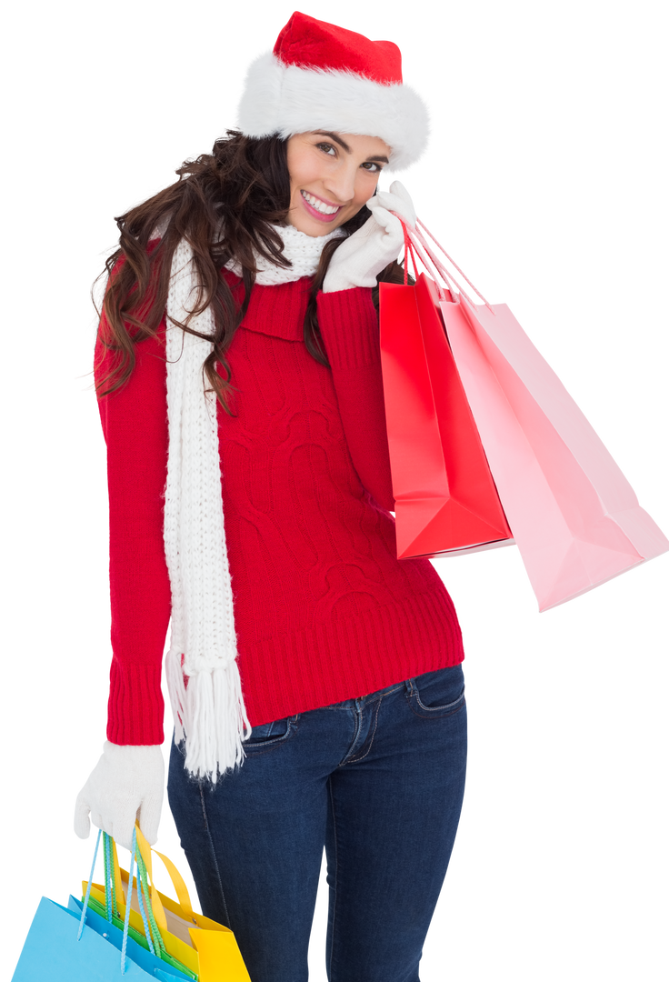 Cheerful Woman in Santa Hat with Shopping Bags Transparent Holiday Theme - Download Free Stock Images Pikwizard.com