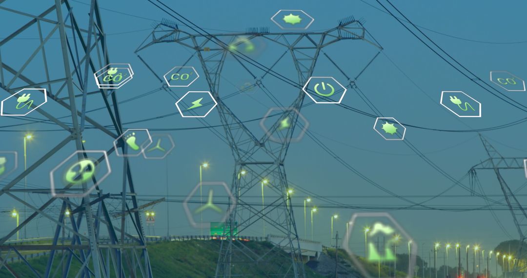 Smart Grid Technology Interface with Power Lines and Digital Icons