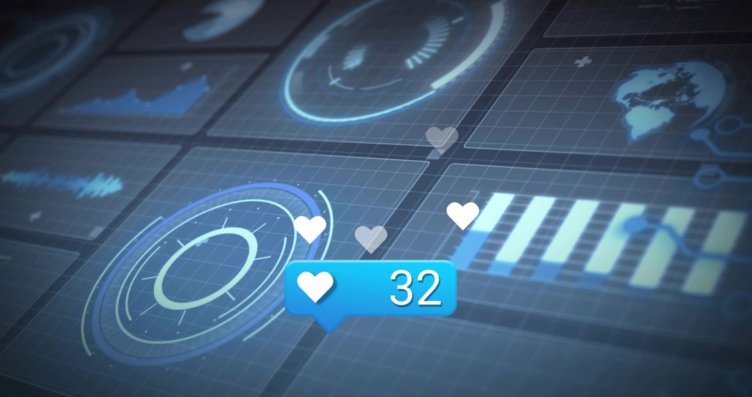 Displaying futuristic social media like counter HUD with floating hearts and data viz