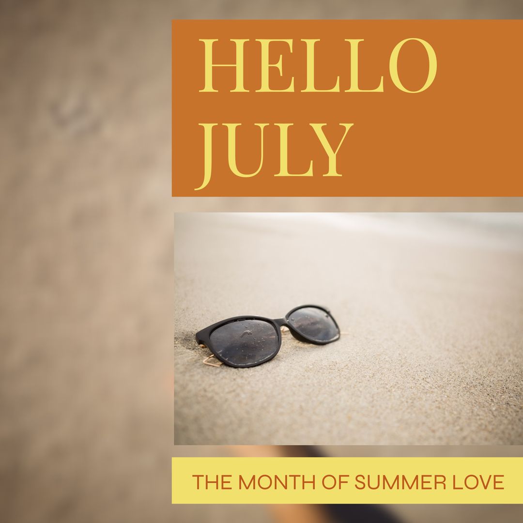 Sunglasses on Sandy Beach with Hello July Greeting