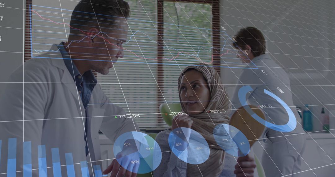 Doctor consulting patient with digital data overlay in modern clinic