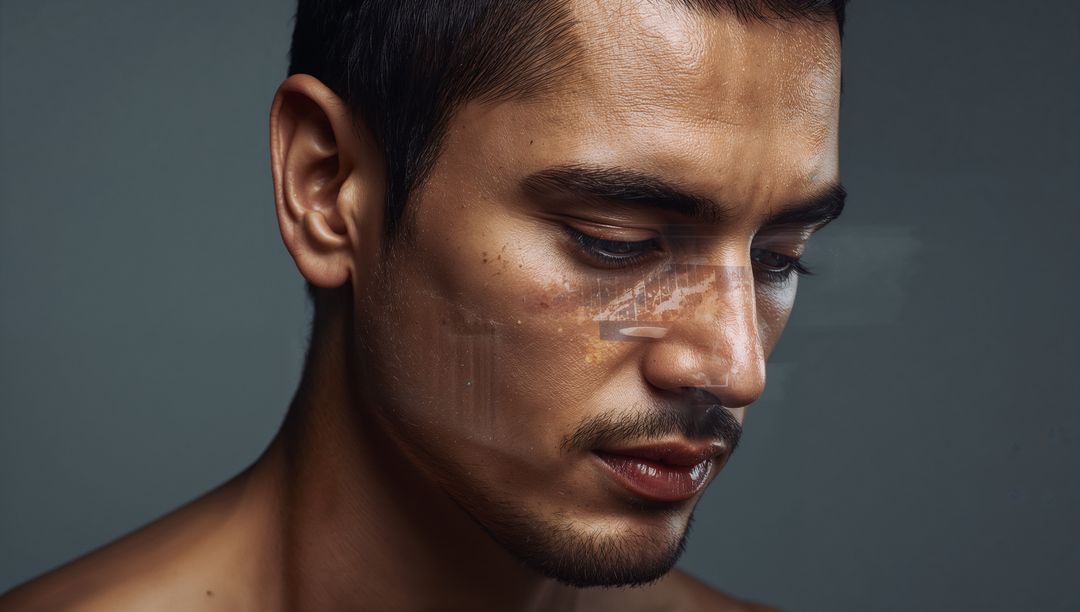Contemplating man with trimmed beard and bridge double exposure showing urban introspection