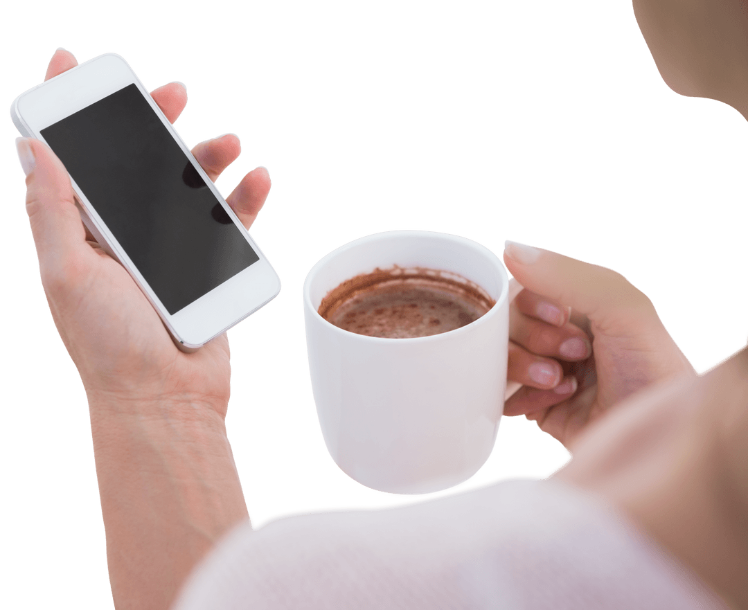 Woman Using Smartphone and Drinking Coffee on Transparent Background