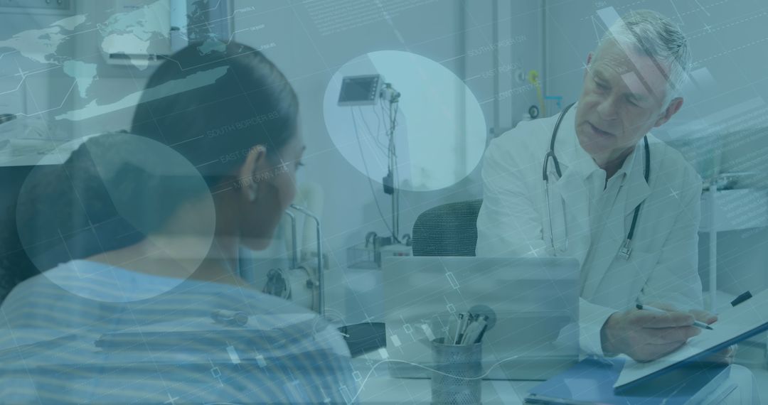 Senior Doctor Advising Patient with Digital Data Overlay in Hospital
