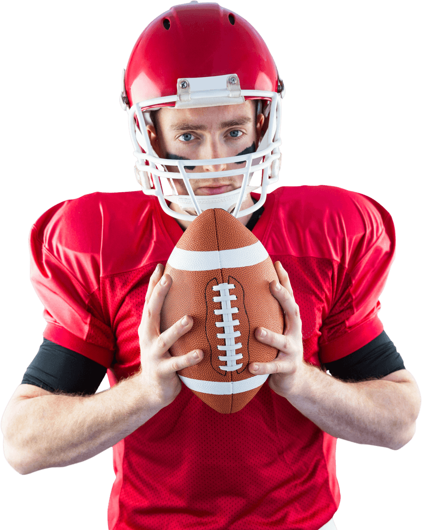 Focused Football Player in Red Uniform Holding Ball Transparent Background