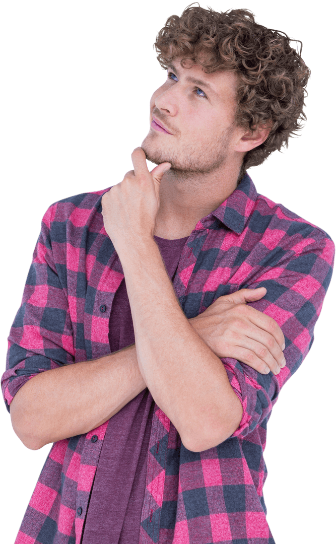 Thoughtful Man Wearing Checkered Shirt Looking Curious and Upwards Transparent