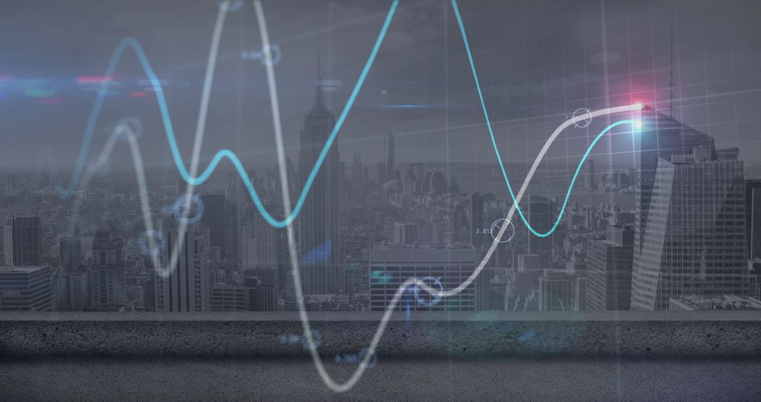 Abstract Financial Data Trends Overlaying Cityscape
