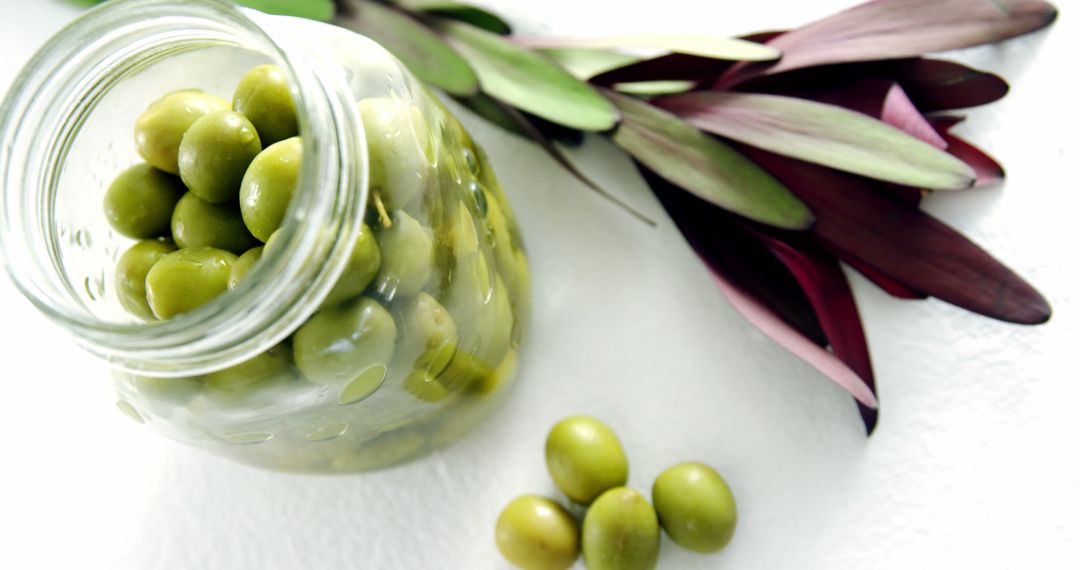 Jar of Green Olives with Olive Branches on White Background - Free Images, Stock Photos and Pictures on Pikwizard.com