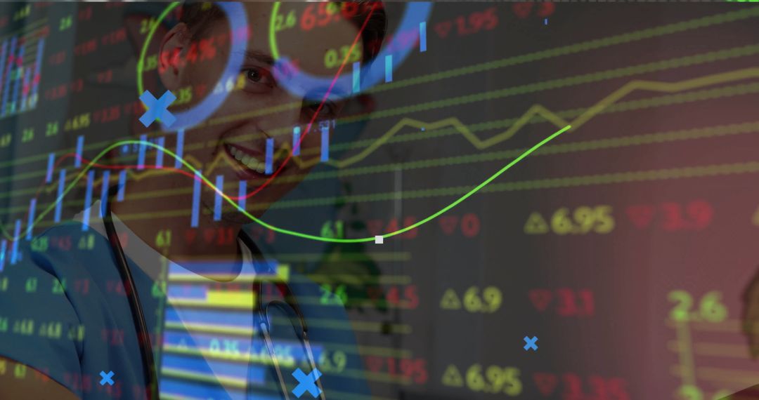 Smiling Doctor with Stock Charts Representing Healthcare Innovation