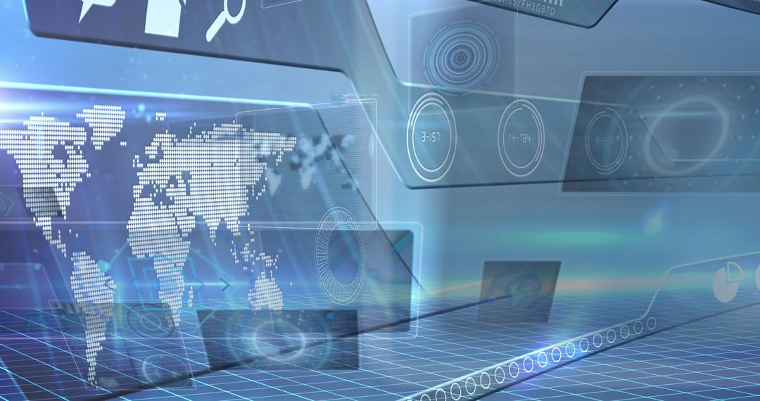 Futuristic world map with digital interface and data analytics