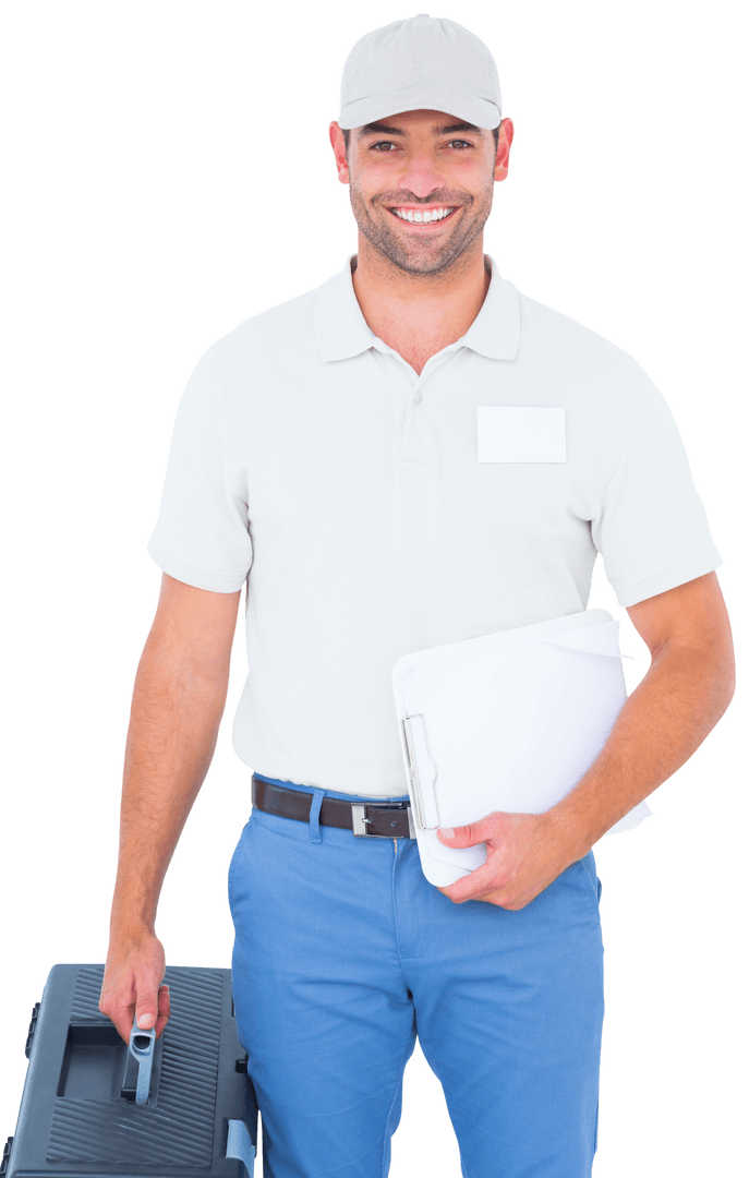Smiling Worker Holding Toolbox and Notepad Transparent Background - Download Free Stock Images Pikwizard.com